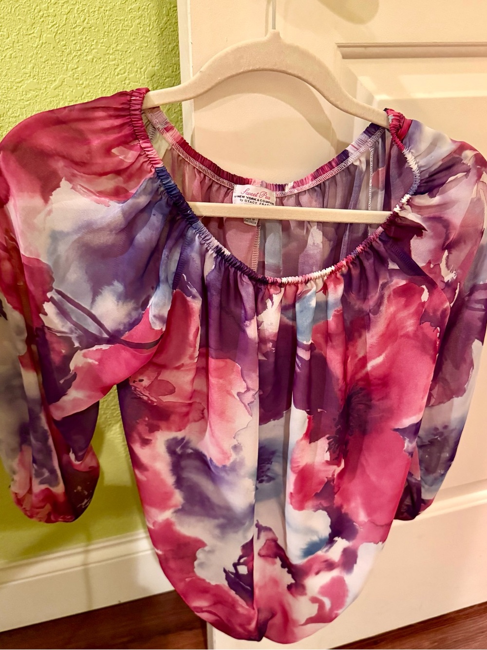 Sweet Pea Pink and Purple Watercolor Floral Peasant Blouse